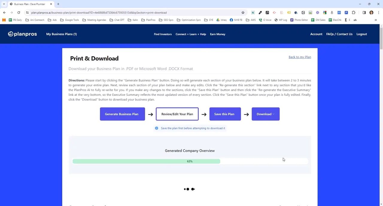 PlanPros Print & Download page with Generate Business Plan, Review/Edit, Save this Plan and Download controls and a Generated Company Overview progress bar at 63%