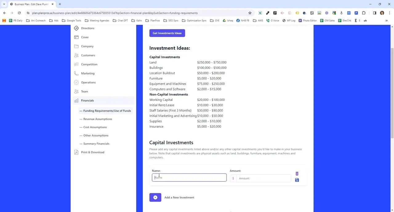 PlanPros Investment Ideas screen showing a purple 'Get Investments Ideas' button and a list of capital and non-capital investment ranges.