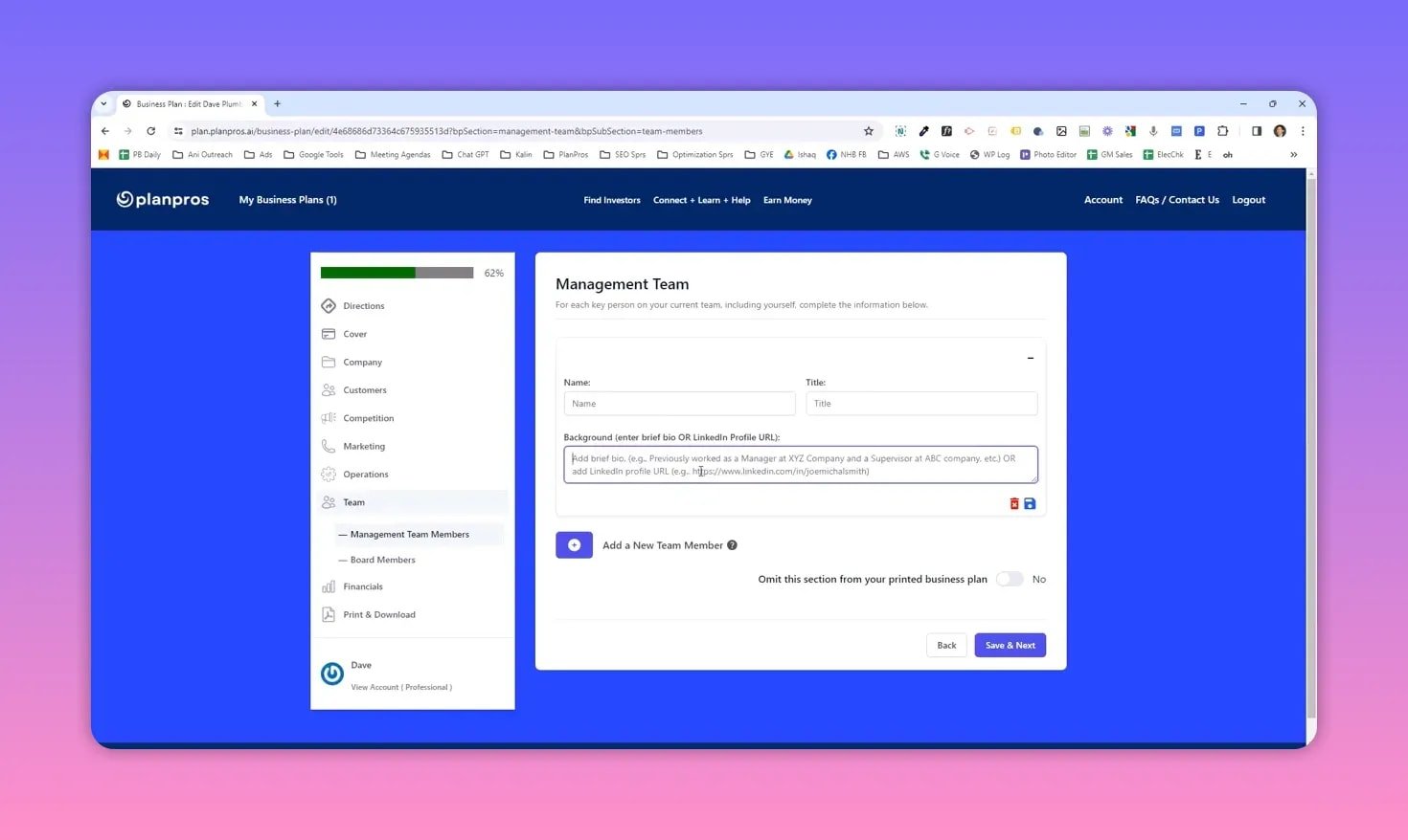 PlanPros Management Team page showing the Background field labelled 'enter brief bio OR LinkedIn Profile URL' with Name and Title inputs