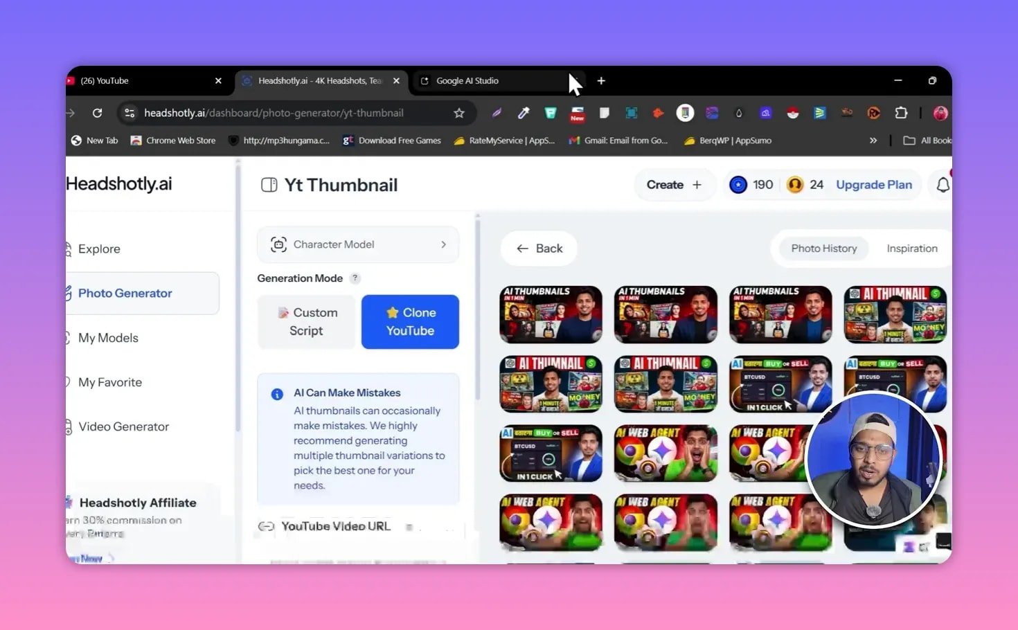 Headshotly dashboard showing the Photo Generator panel and a grid of generated YouTube thumbnail variations ready for review and selection.