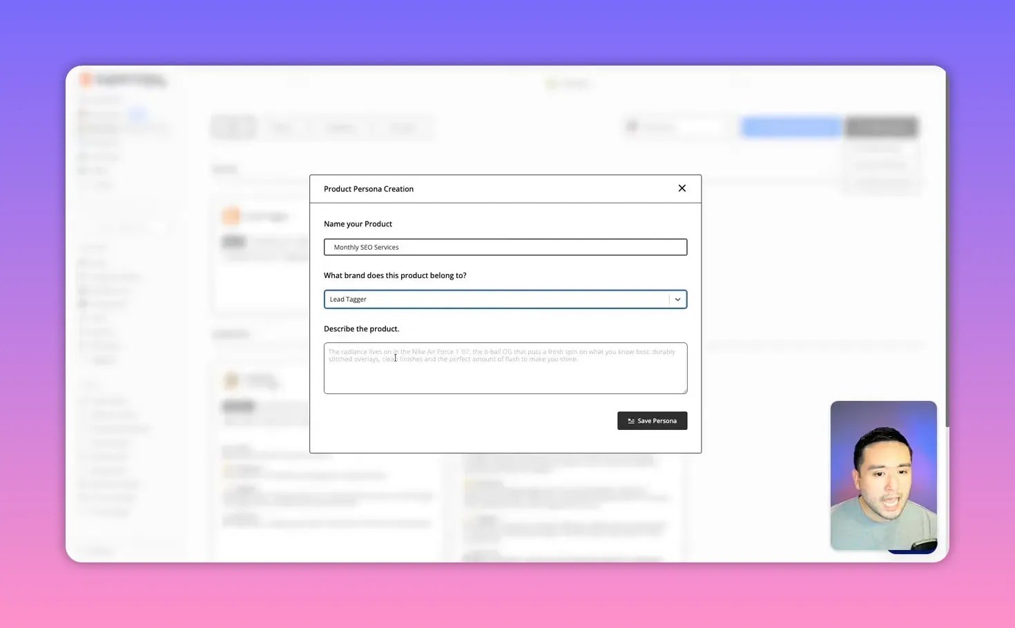Centered SuperCopy 'Product Persona Creation' dialog showing 'Name your Product: Monthly SEO Services', brand set to 'Lead Tagger' and a description box.