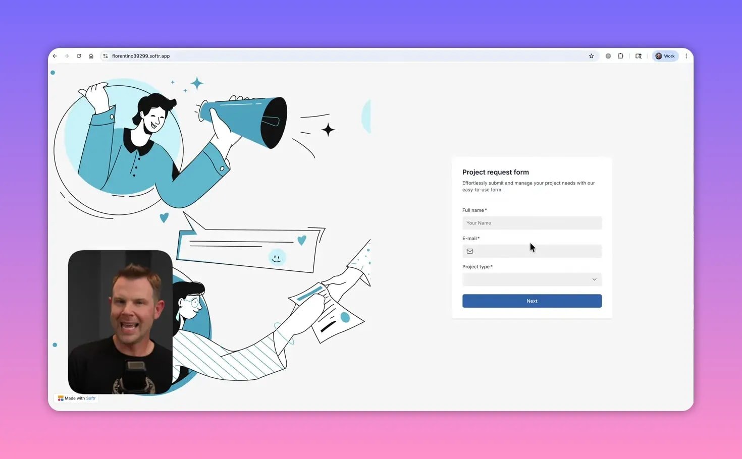 Clear screenshot of a Softr project request form showing Full name, E-mail and Project type fields with a minimal video overlay in the lower-left.