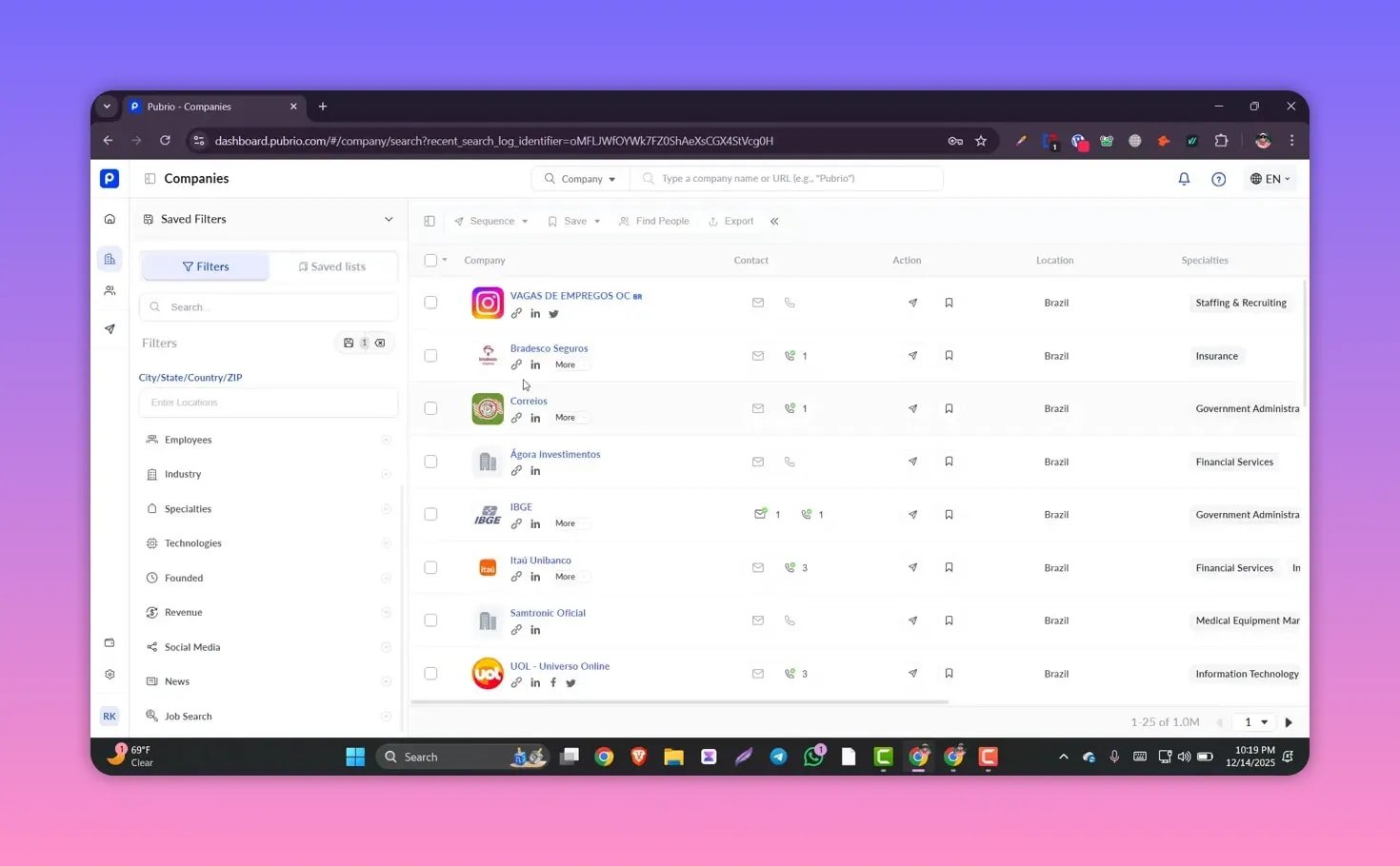 Pubrio companies search results for Brazil showing company names with icons, contact actions, the Location column labeled 'Brazil' and specialties on the right.