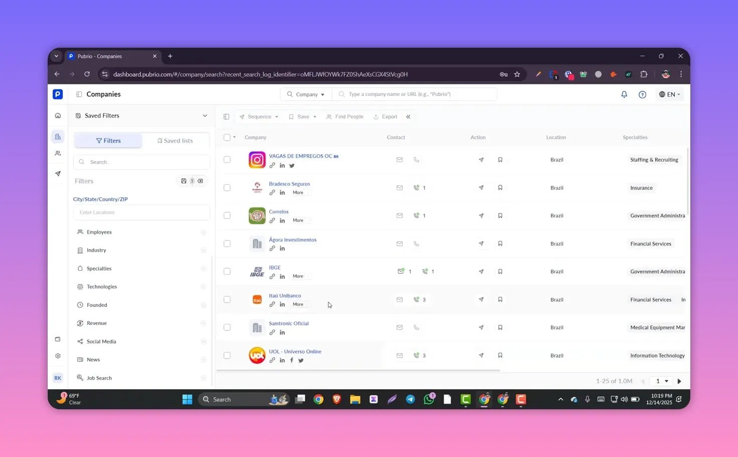 Pubrio companies search results for Brazil showing company names, location column marked 'Brazil', specialty column and left-side filters (Employees, Industry, Specialties).