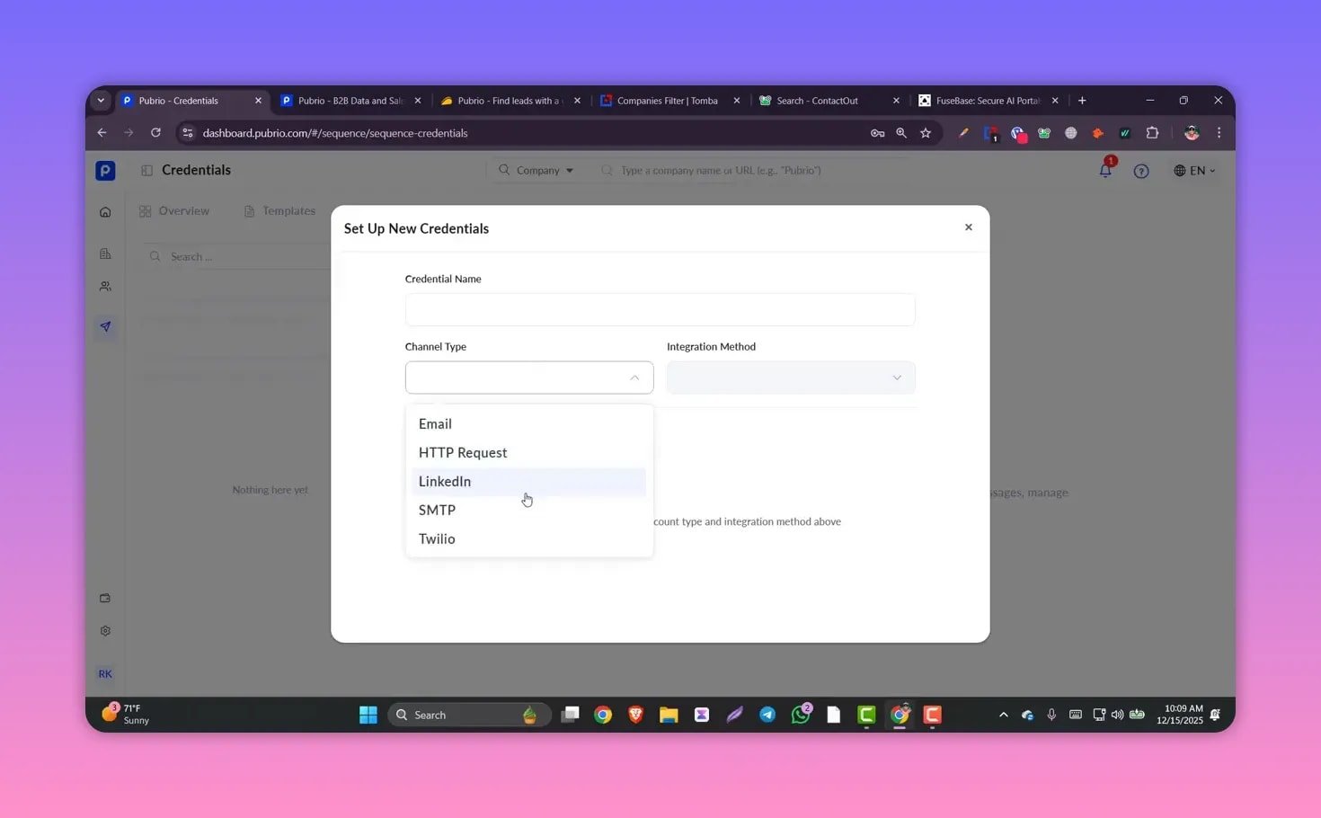 Set Up New Credentials modal with Channel Type dropdown open showing Email, HTTP Request, LinkedIn, SMTP and Twilio options