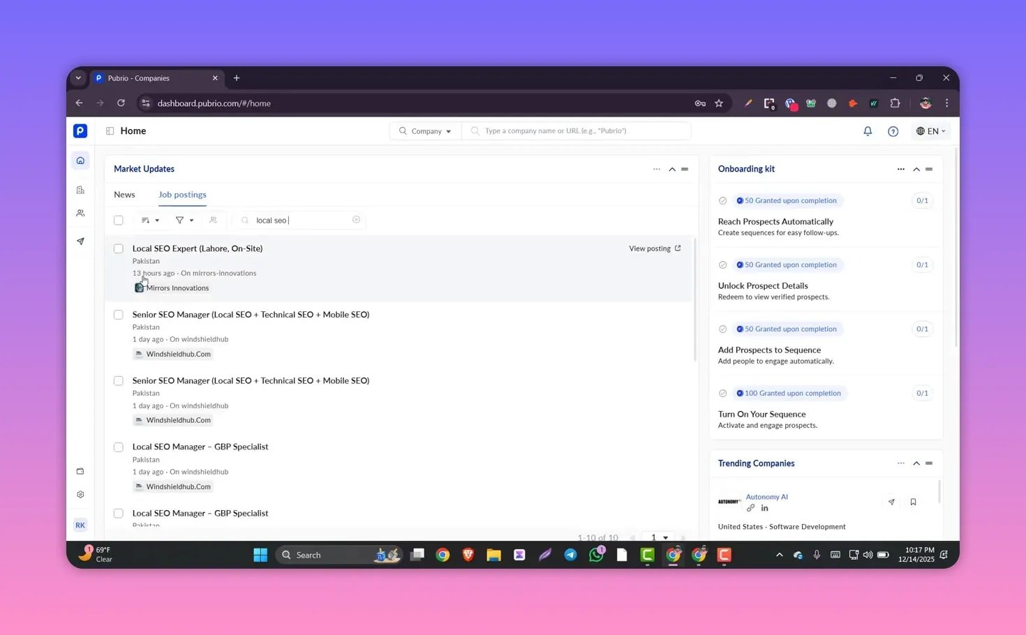 Pubrio job postings search results for 'local seo' with listings such as Local SEO Expert and Senior SEO Manager