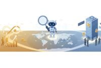 Vector illustration of an AI assistant revealing global B2B leads on a glowing network map, with a warm golden lifetime-deal path and coins contrasted against a cold corporate tower