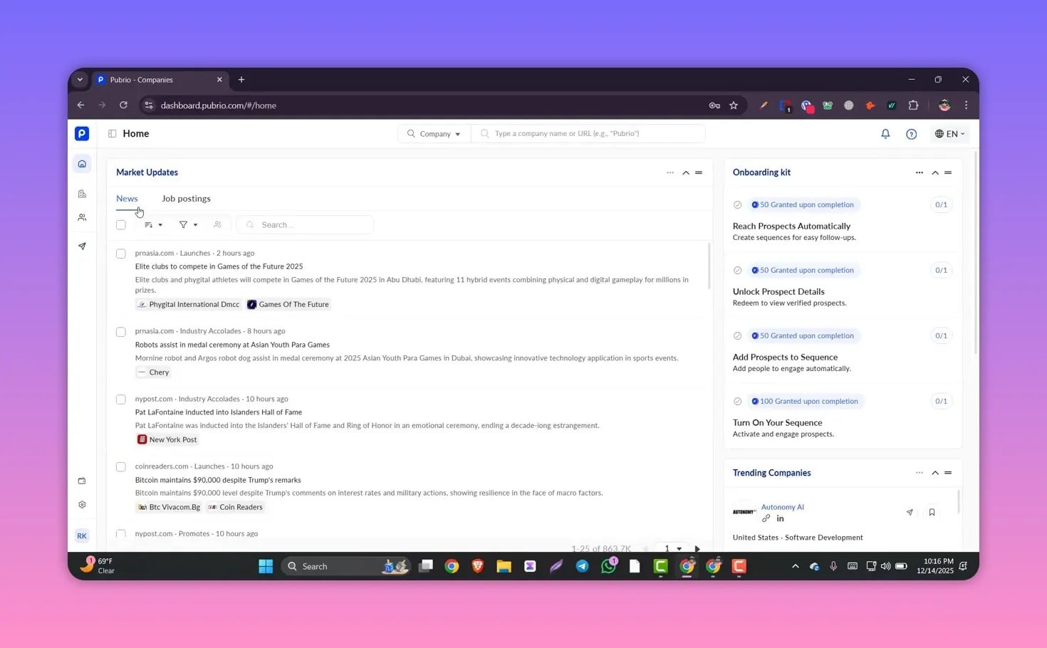 Pubrio dashboard Market Updates news feed showing headlines and job/news items with Onboarding kit at right