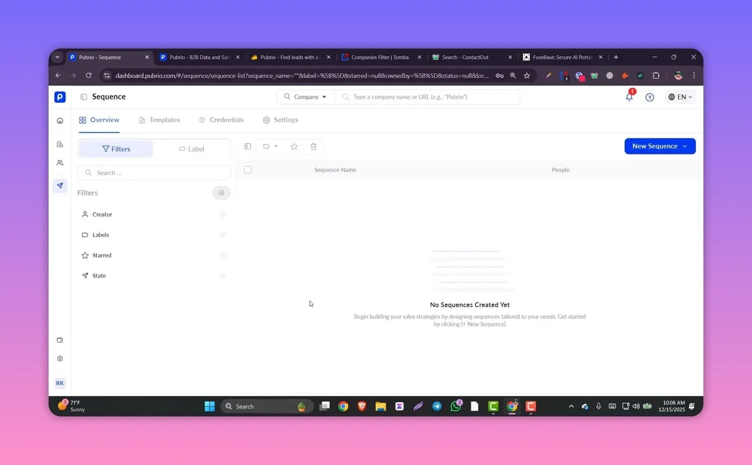 Pubrio Sequence overview screen showing 'No Sequences Created Yet', left filters and the 'New Sequence' button for starting a sequence.