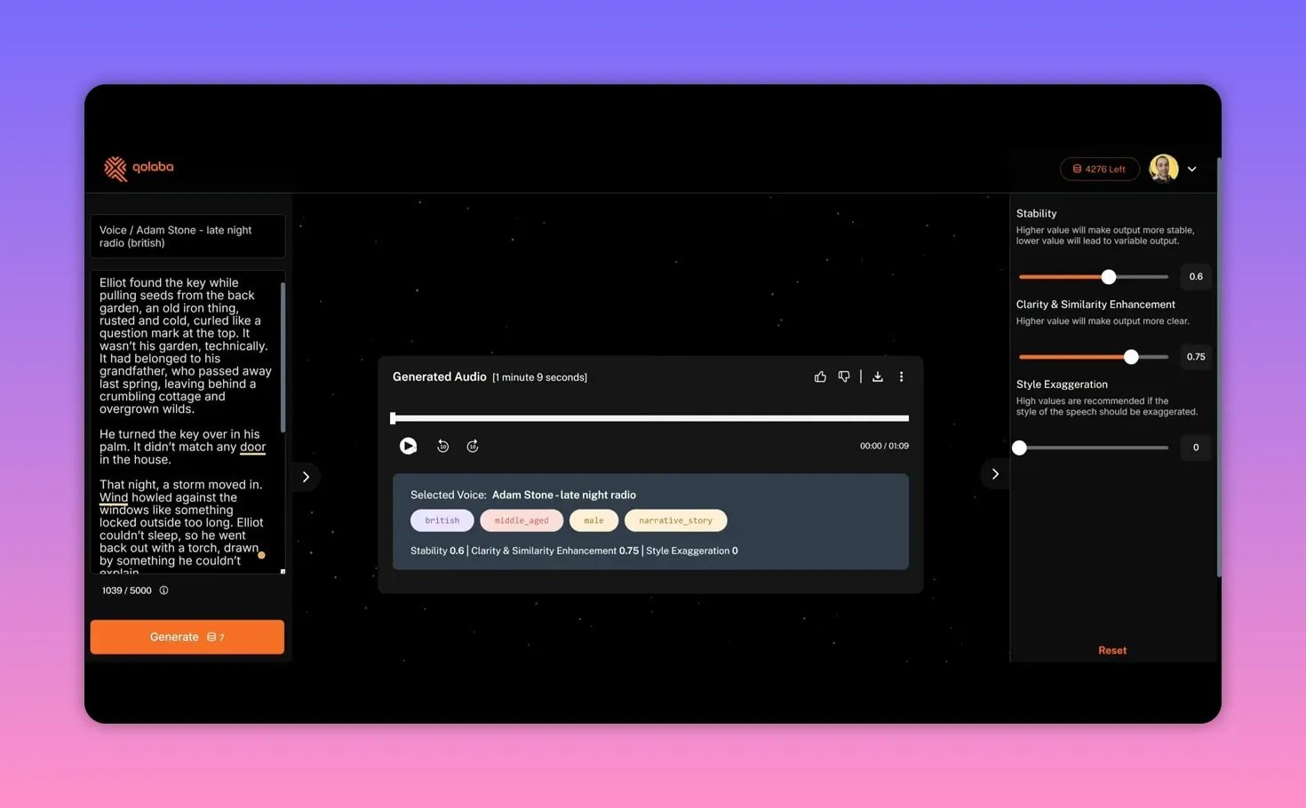 Qolaba speech generator showing prompt text, generated audio player with selected voice badges and stability/clarity/style sliders