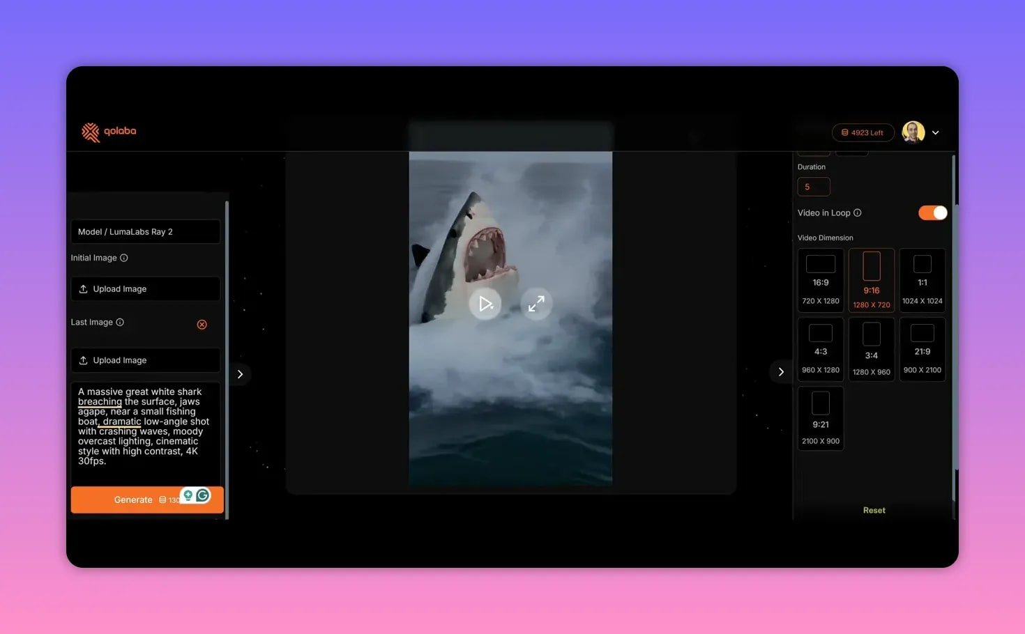 Qolaba video generation preview showing a shark clip with play button overlay, prompt panel on the left and video dimension options highlighted on the right