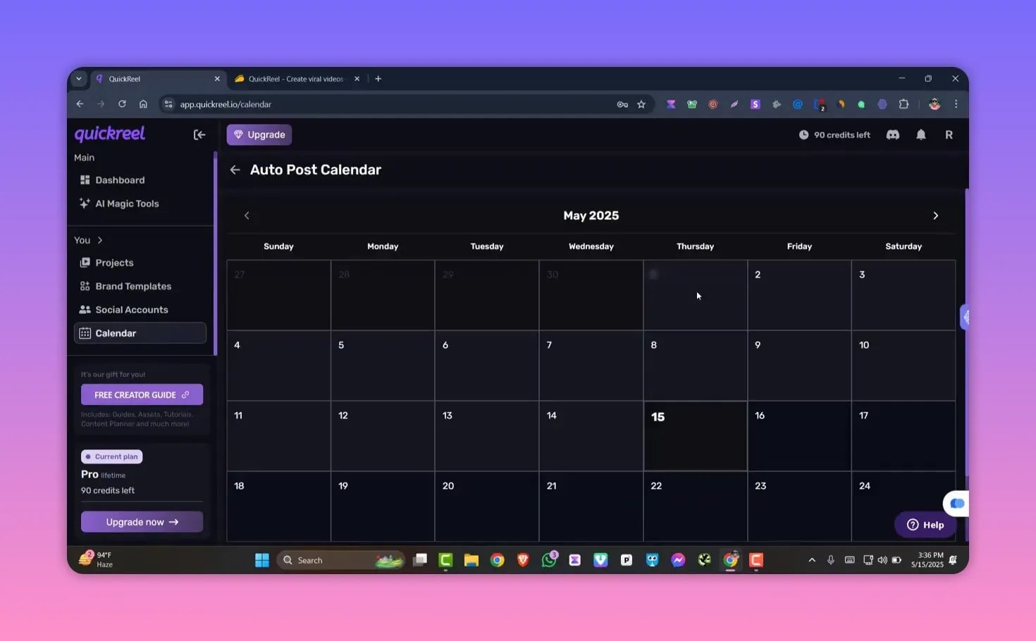 QuickReel Auto Post Calendar showing a monthly calendar grid for scheduling social posts.