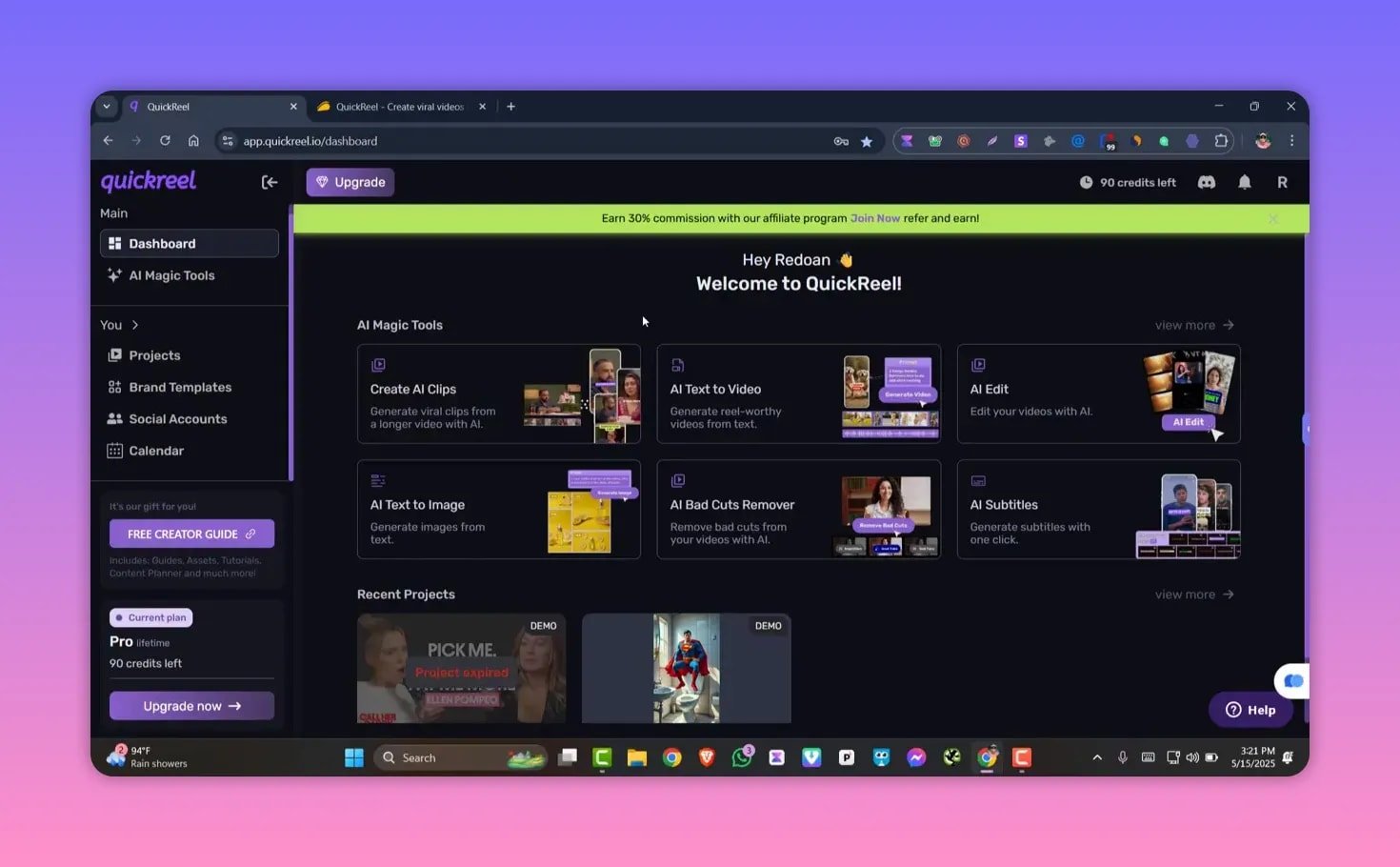 Clear view of QuickReel dashboard with left-hand navigation and AI tools