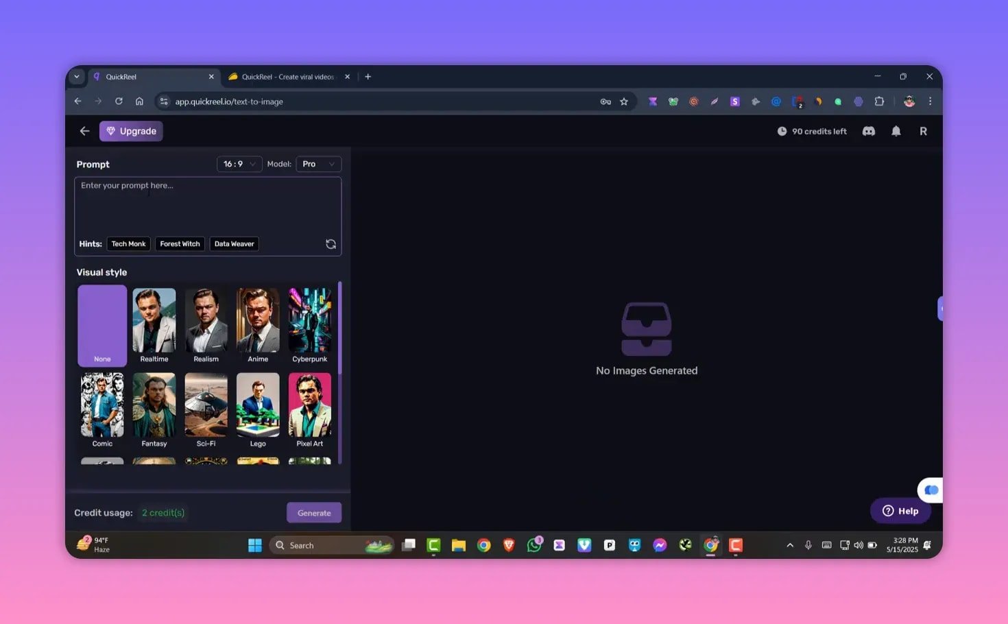 Clear QuickReel text-to-image interface showing the prompt input, visual style thumbnails, credit usage indicator and 'Generate' button.