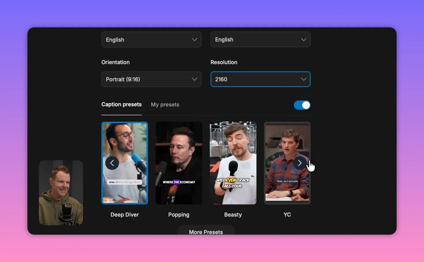 Reap caption presets interface with Deep Diver, Popping, Beasty and YC thumbnails and a cursor over the YC preset