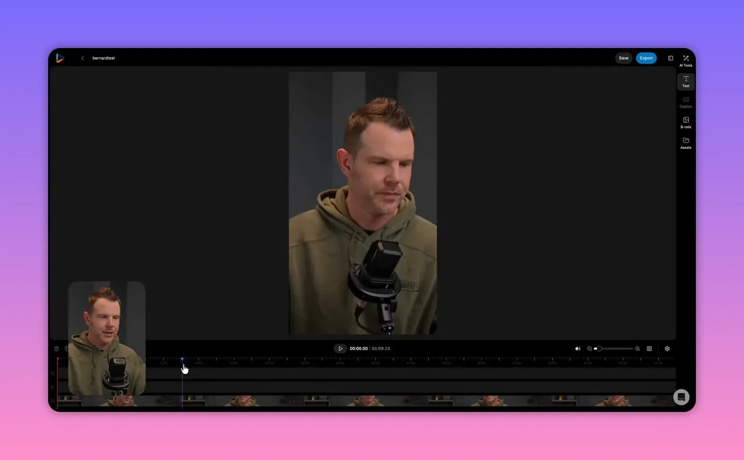 Reap editor showing a vertical talking-head clip in the center, timeline and playhead below, and the right-hand tools panel with Text, Caption, B-rolls and Assets options.