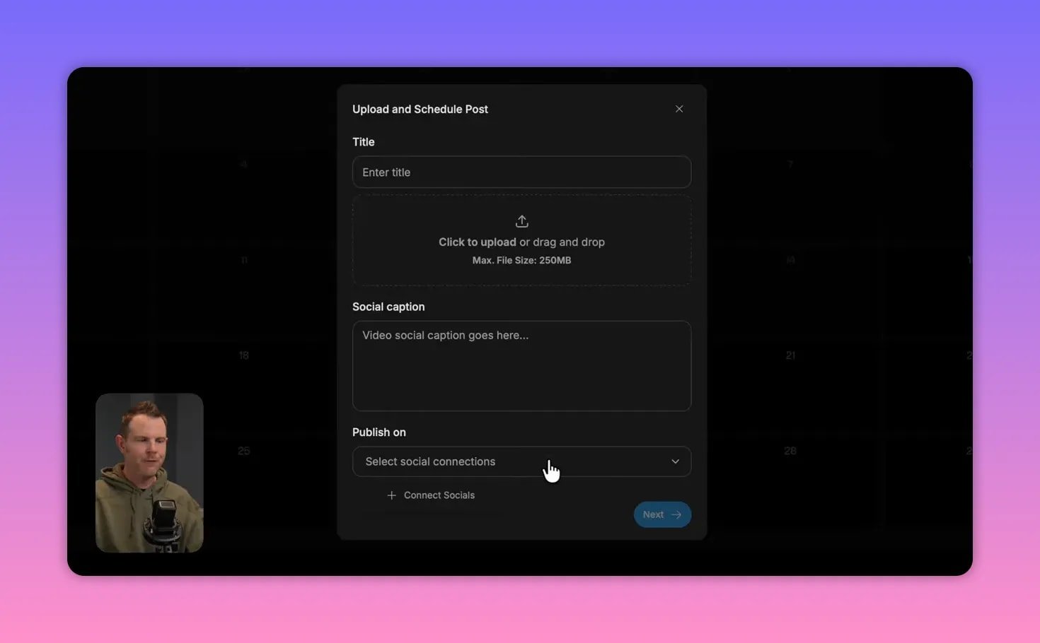 Reap 'Upload and Schedule Post' dialog showing Title field, drag-and-drop upload box, Social caption box and Publish on selector.