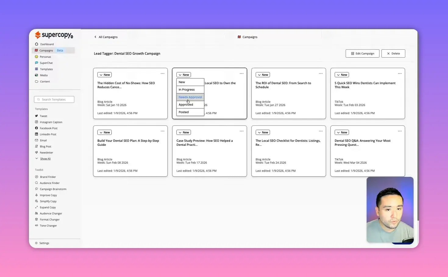 SuperCopy campaign card status menu with 'Needs Approval' selected, showing workflow states