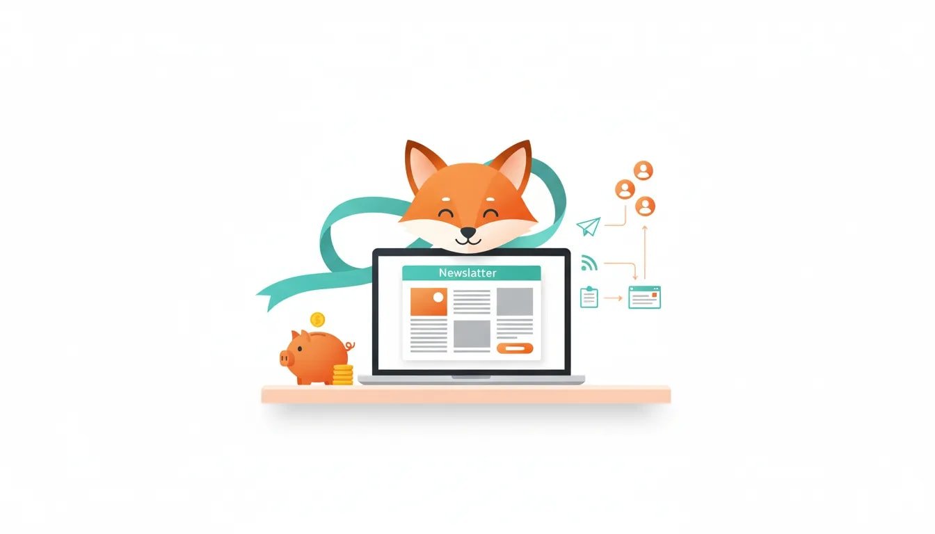 Stylized orange fox at a laptop composing a newsletter with icons for RSS, paper plane, landing page, referral arrows, and a piggy bank and coins symbolizing affordability and a lifetime deal — representing SendFox AppSumo email marketing for creators