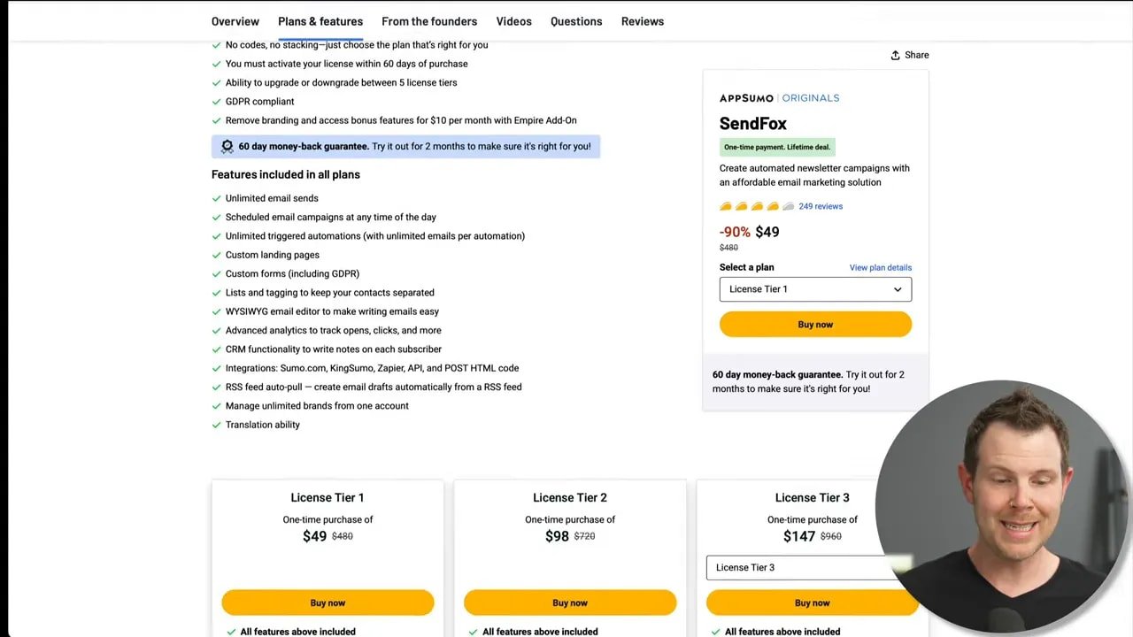 AppSumo SendFox product page with feature checklist and deal card, presenter shown in circular overlay.