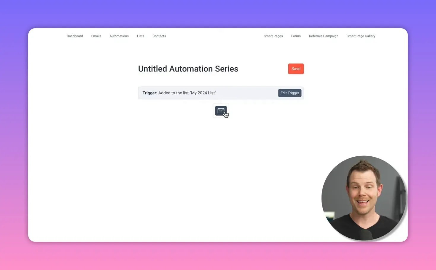 SendFox Automations canvas showing 'Untitled Automation Series', a trigger labeled 'Added to the list 
