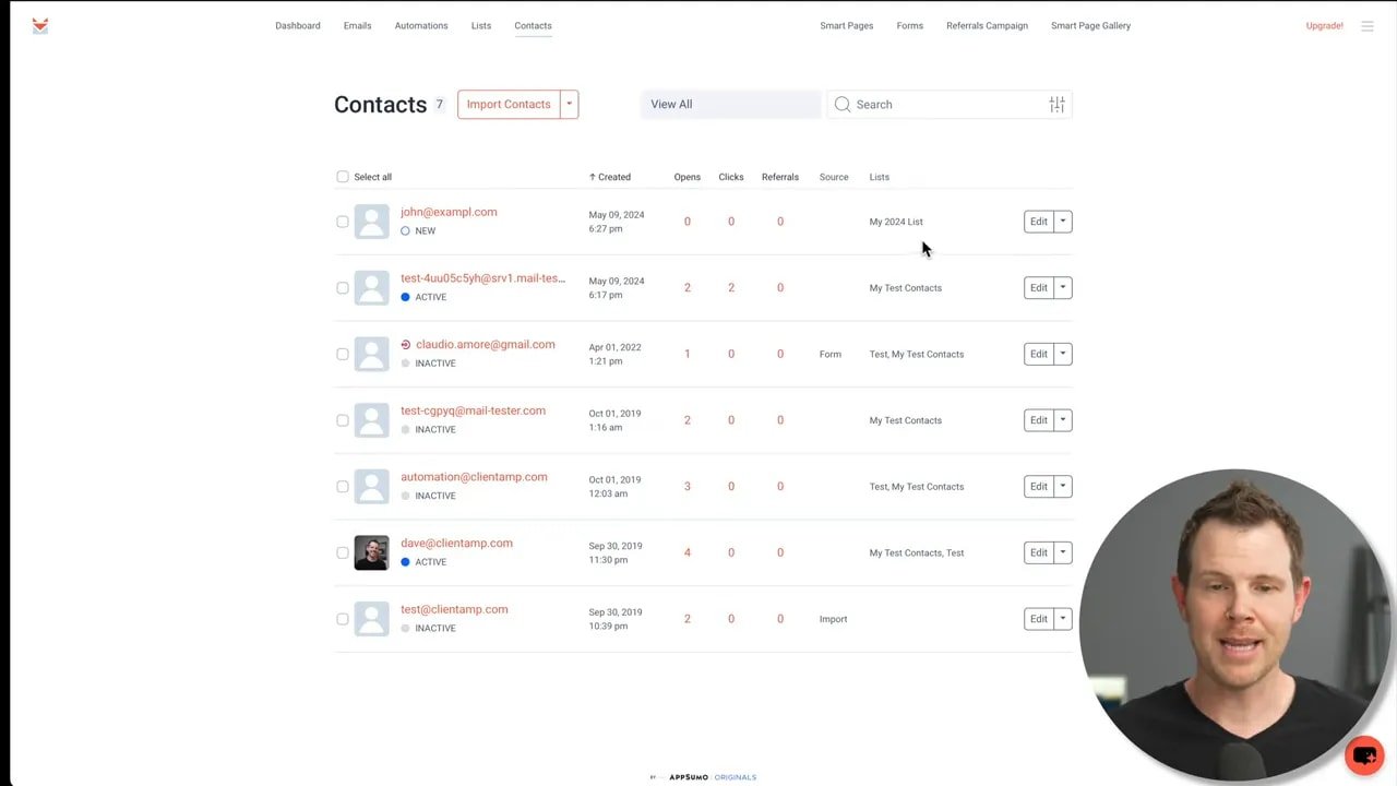 SendFox Contacts screen with email entries, status columns (opens, clicks), and an 'Import Contacts' button; presenter shown in a circular overlay.