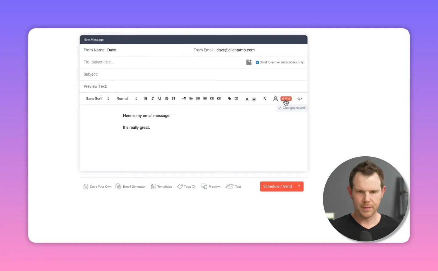 SendFox editor with a sample email draft, body text and a blue call-to-action button, presenter inset at bottom-right.