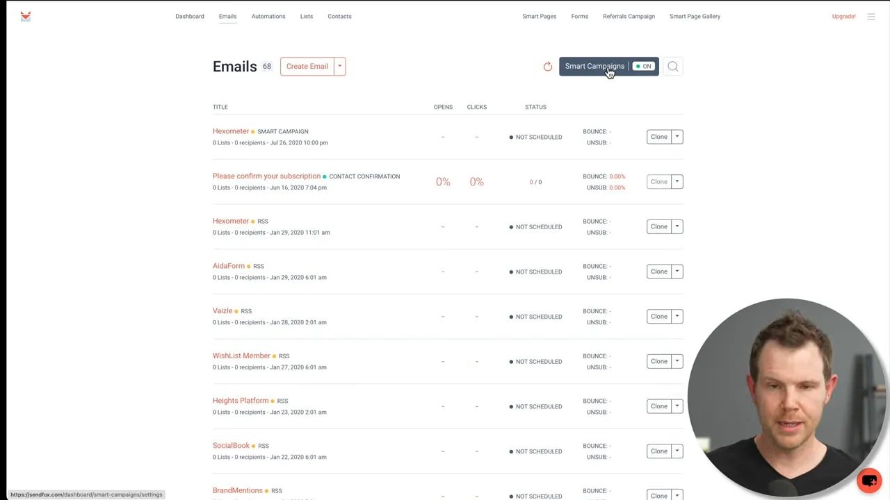 SendFox Emails dashboard with list of campaigns and columns for opens and clicks
