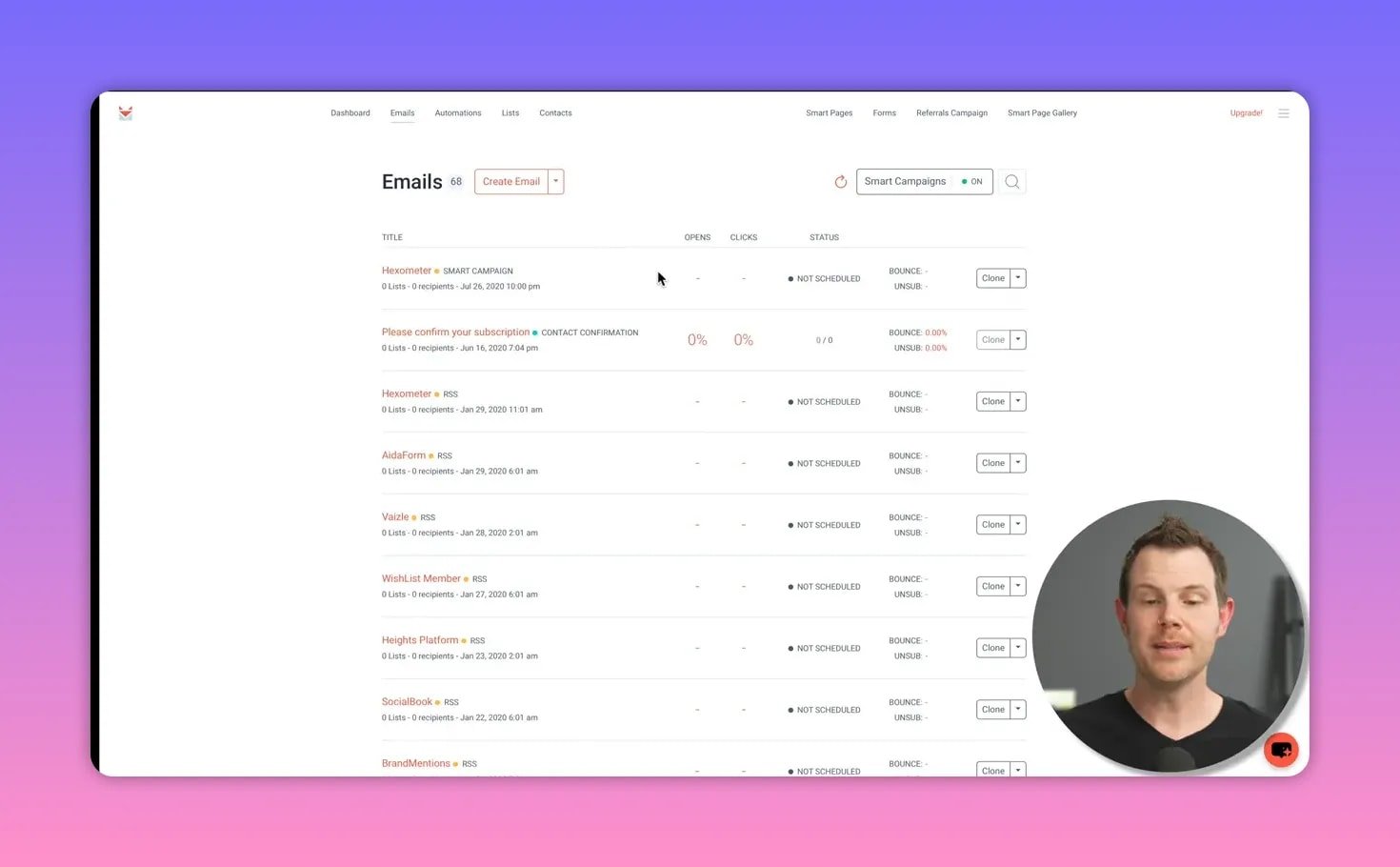 SendFox emails list with Create Email button and Smart Campaigns toggle