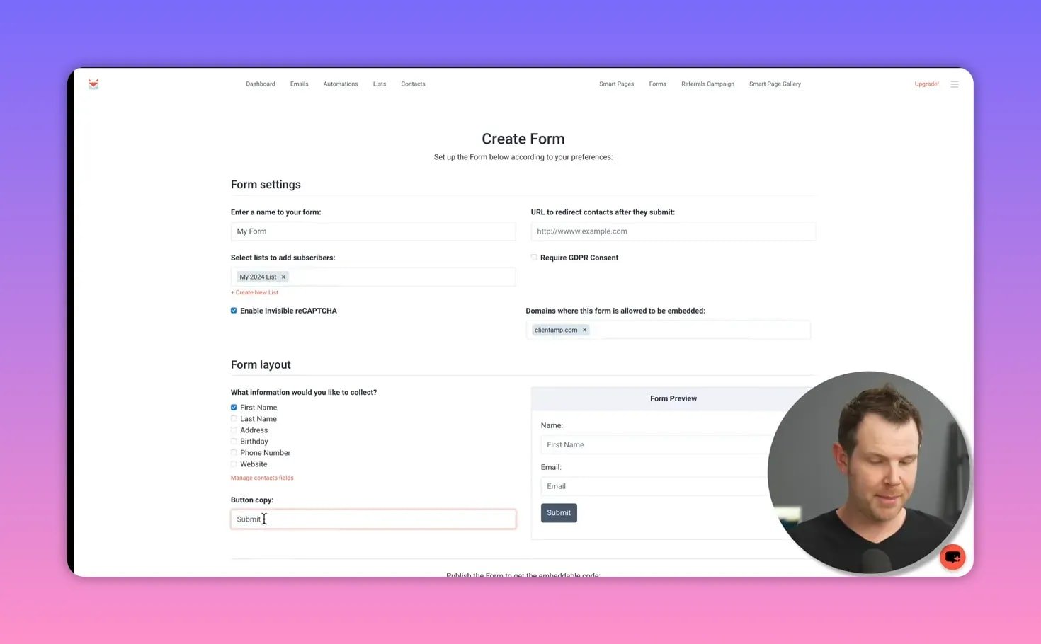 SendFox Create Form screen with 'First Name' checked, button copy field highlighted and the Form Preview visible; presenter inset on the right.