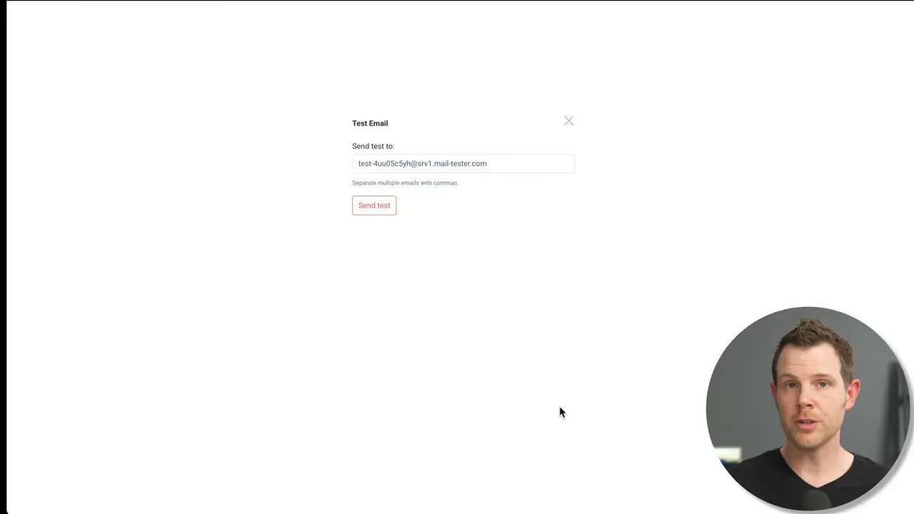 SendFox 'Test Email' modal with recipient input and 'Send test' button; small presenter video inset at bottom-right.