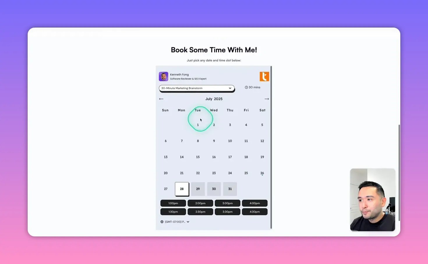 Embedded booking calendar inside a Sendr landing page with selectable dates and available time slots visible