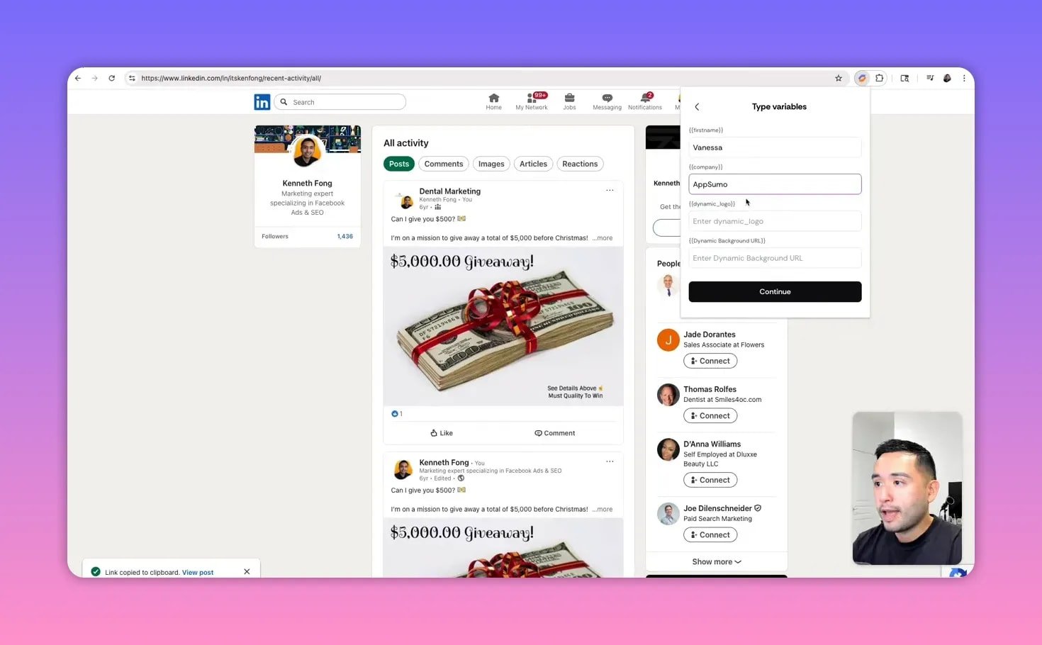 Sendr extension 'Type variables' modal with firstname 'Vanessa' and company 'AppSumo' filled in