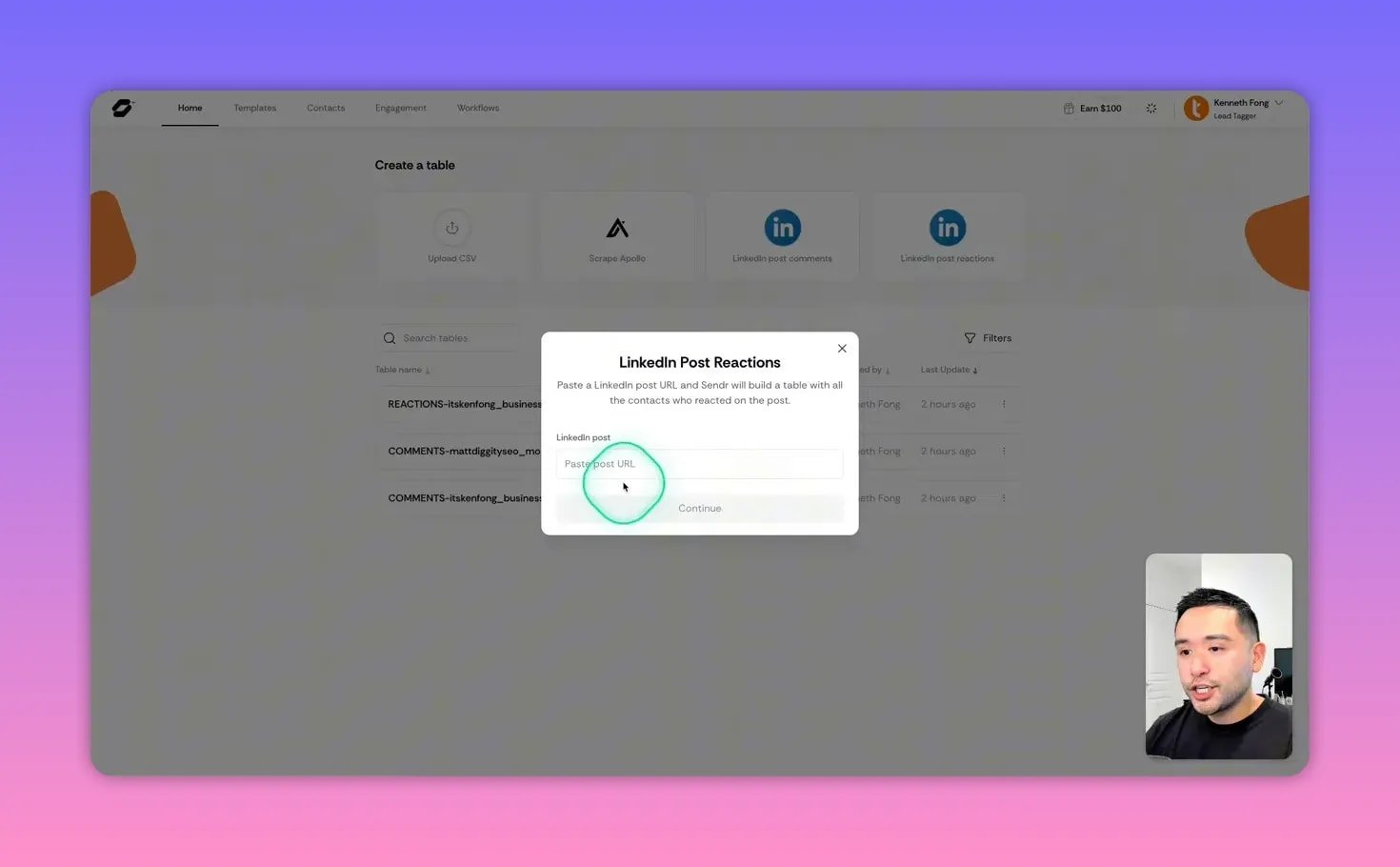 Sendr app modal asking to paste LinkedIn post URL to build a table of post reactions