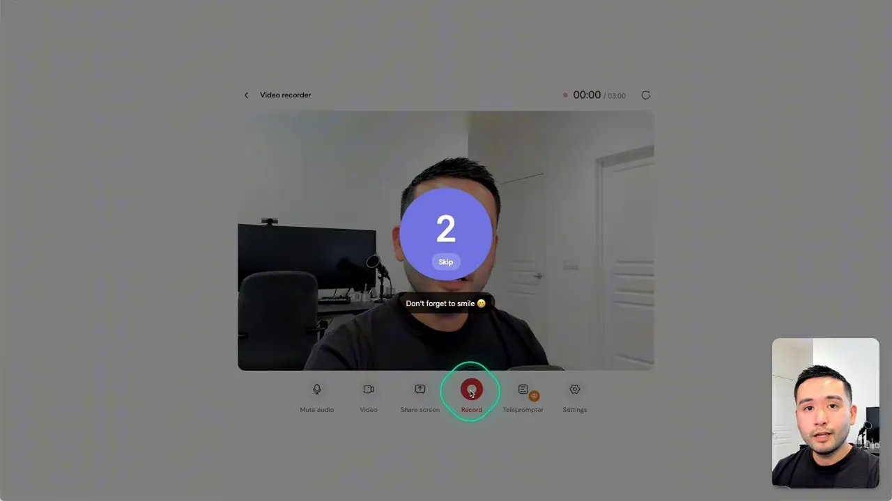 Sendr video recorder showing a central countdown overlay, 'Don't forget to smile' hint, record button highlighted and small presenter preview in the corner.