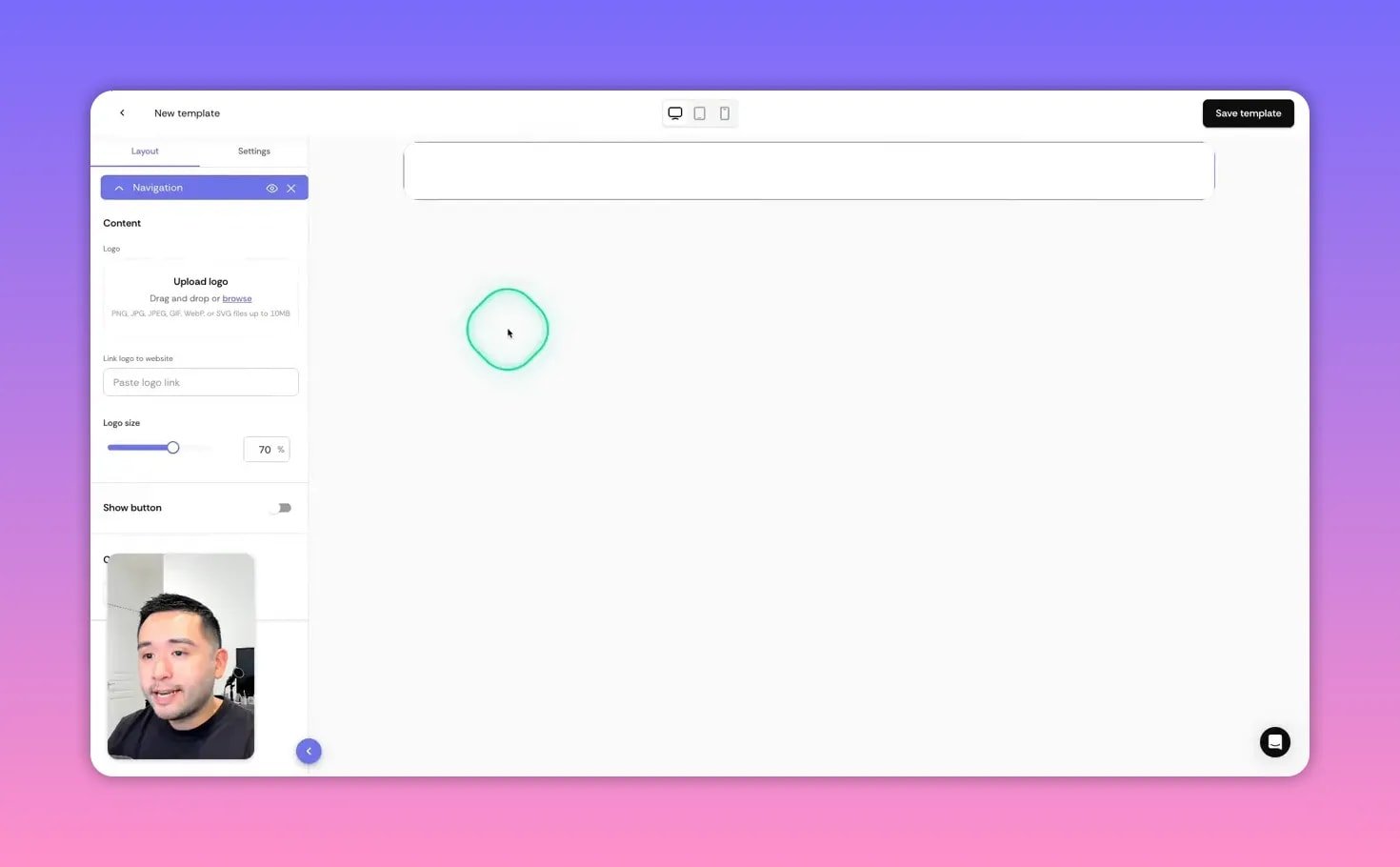 Sendr template editor showing the Navigation/content panel with 'Upload logo' controls, logo size slider, and a small presenter video overlay &mdash; demonstrating dynamic logo customization.