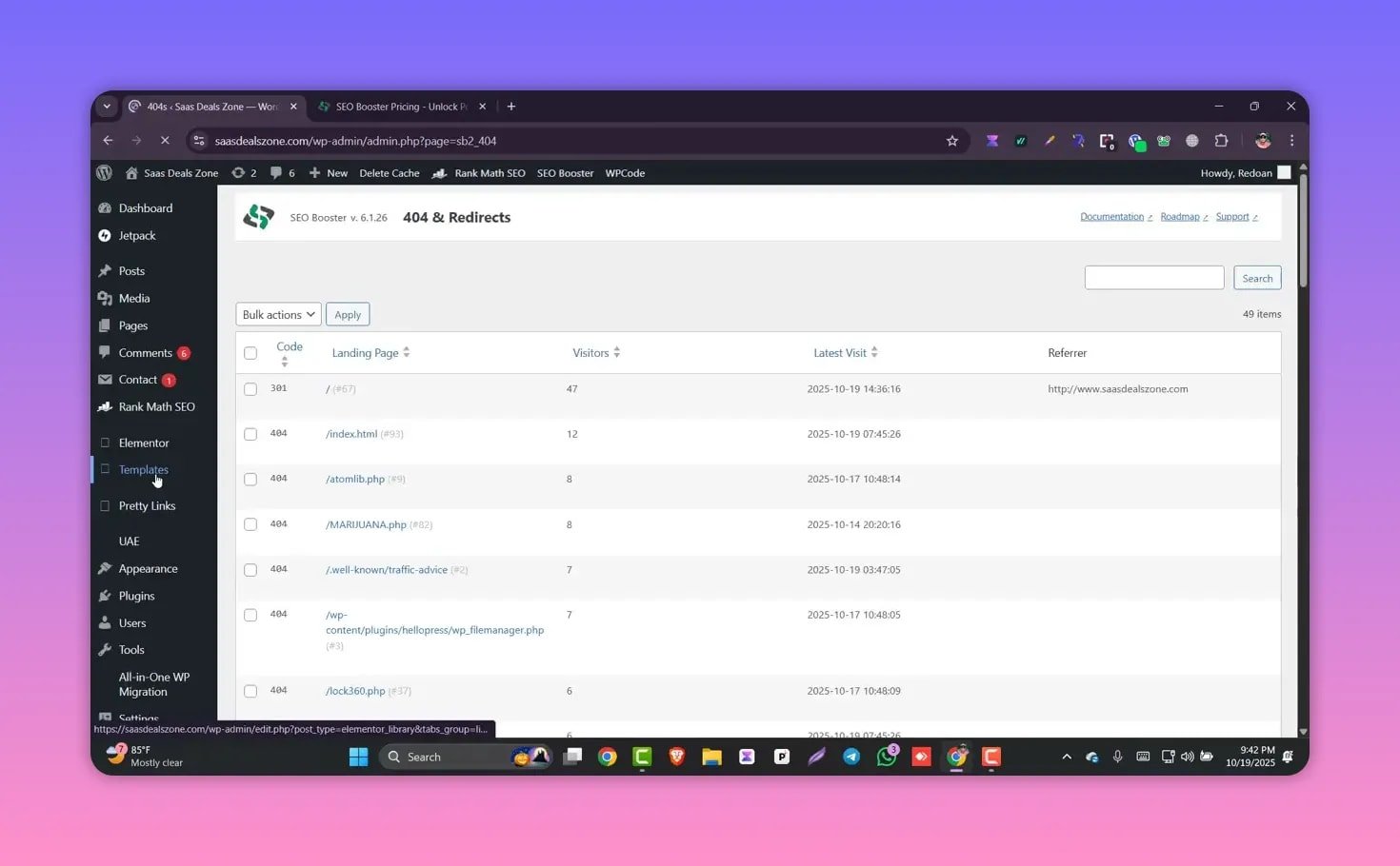 SEO Booster 404 and Redirects report listing broken pages and visitor counts