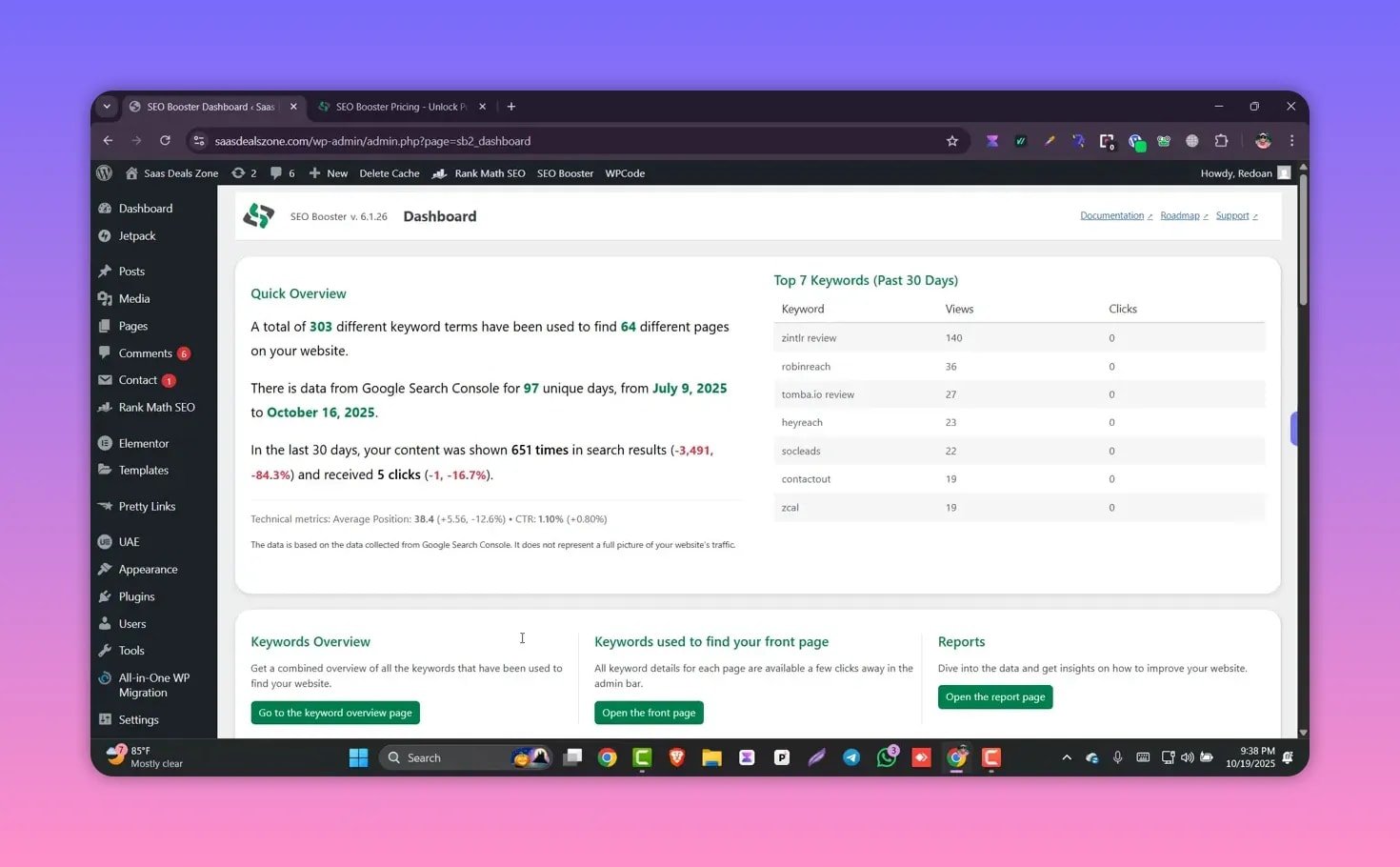 Clear screenshot of the SEO Booster dashboard showing Quick Overview metrics and a Top 7 Keywords table.