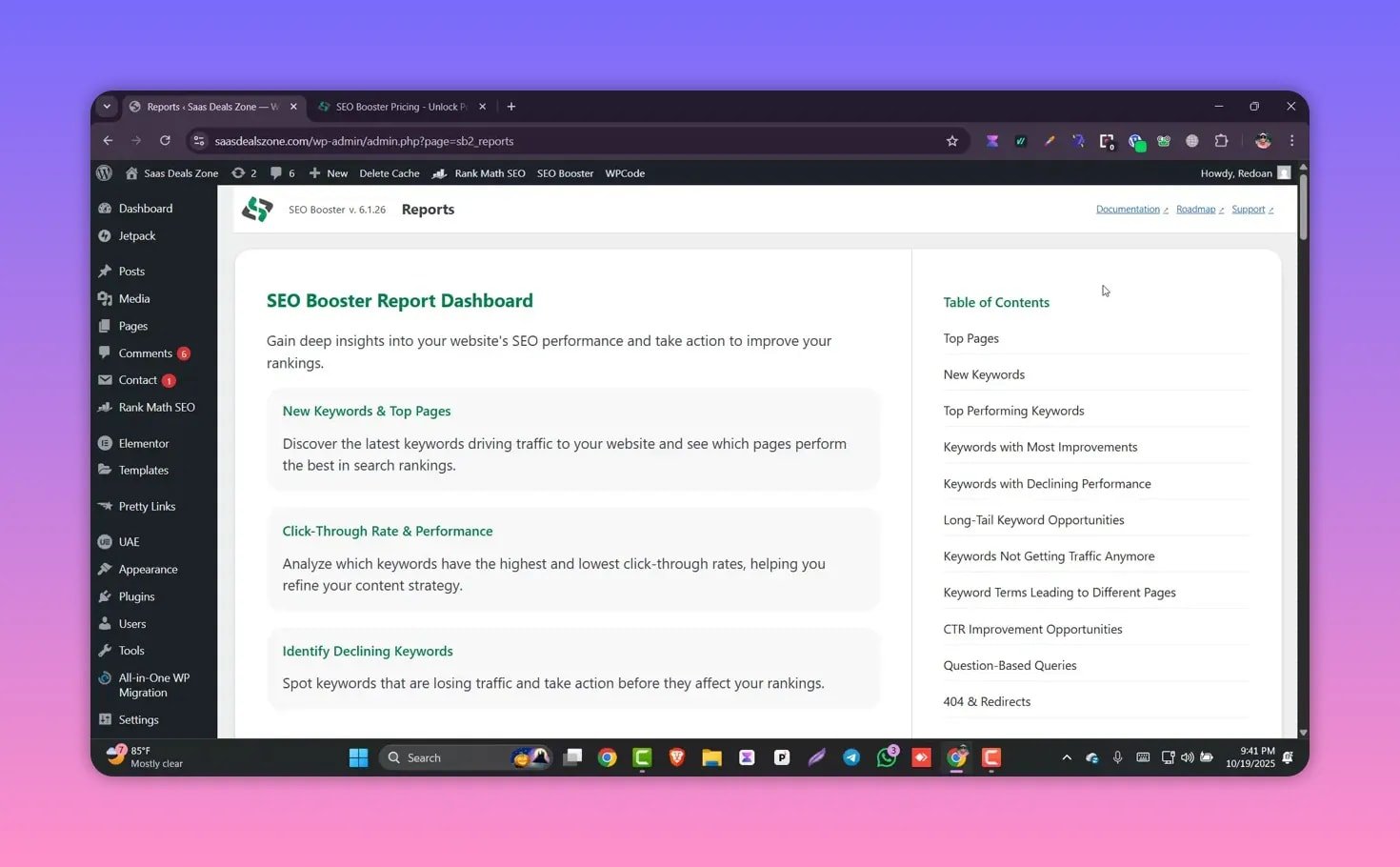 SEO Booster Report Dashboard showing sections for New Keywords, CTR & Performance and Declining Keywords