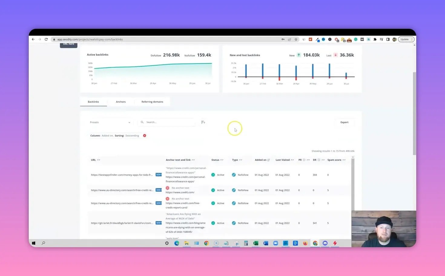 SEODITY backlinks results table listing referring URLs, anchor text column, status (active/nofollow), added date and metric columns (PR/DR/spam score).
