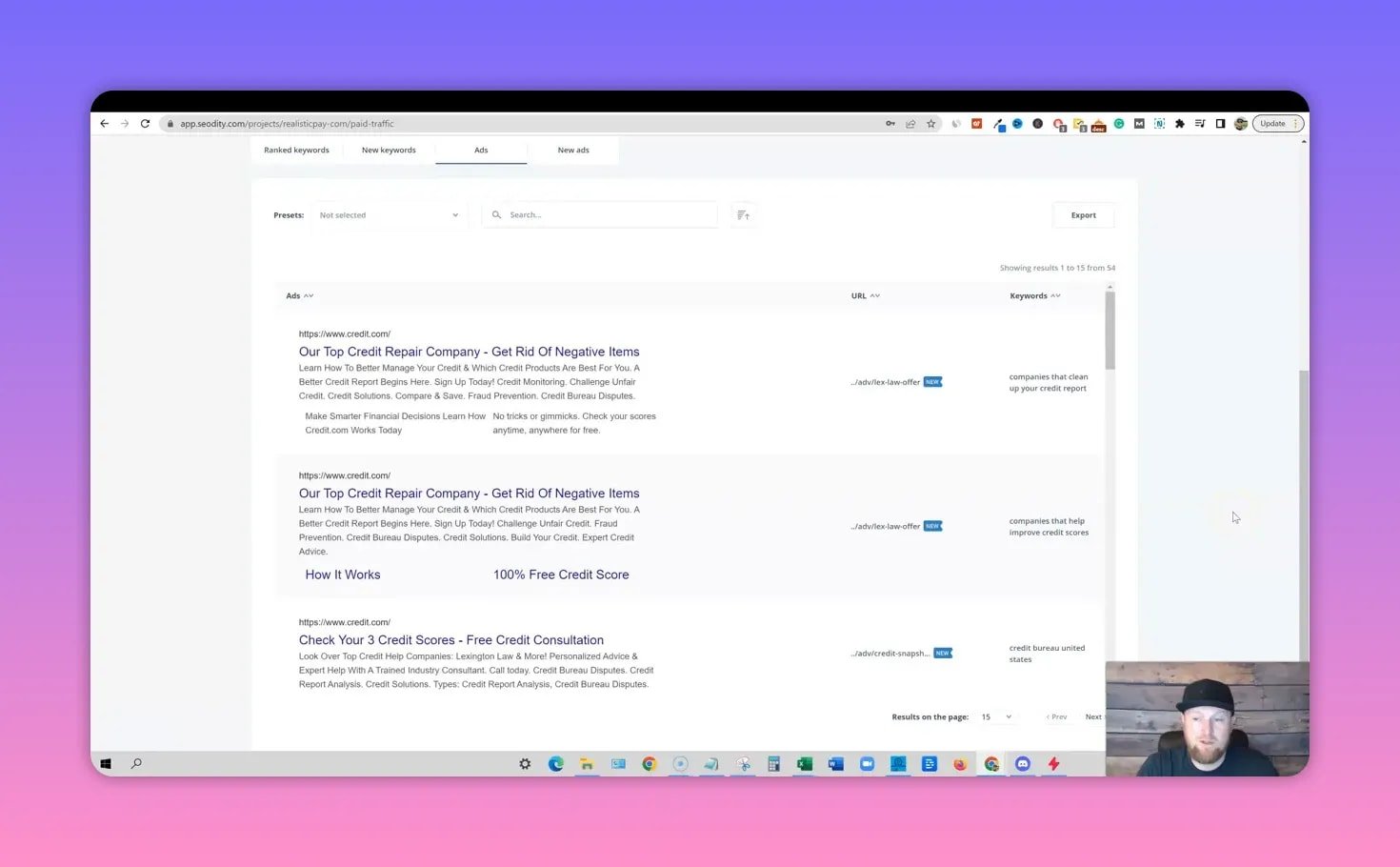 SEODITY ads list showing multiple competitor ad headlines, descriptions and landing page URLs