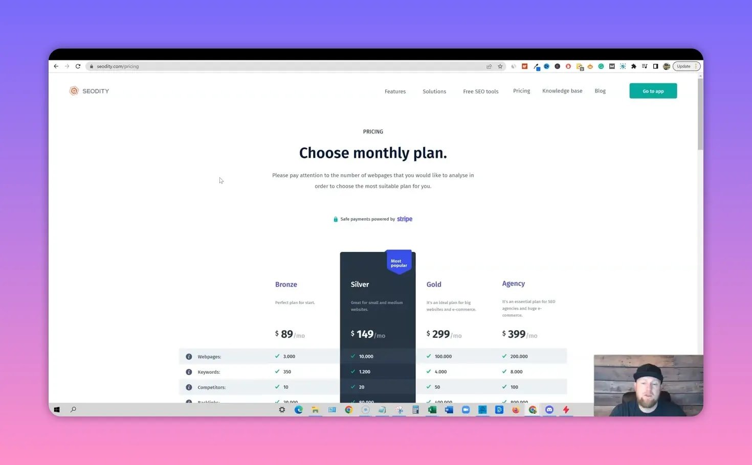 Full SEODITY pricing page screenshot showing 'Choose monthly plan' headline and the Silver, Bronze, Gold and Agency columns with the presenter visible in the corner.
