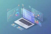 Isometric illustration of a modern SEO analytics dashboard on a laptop showing charts, keyword visuals, backlink network and competitor cards