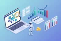 Isometric digital illustration of an AI-powered SEO content workflow: laptop with abstract keyword clusters, magnifying glass, graphs, credit tokens, and a friendly robot optimizing content