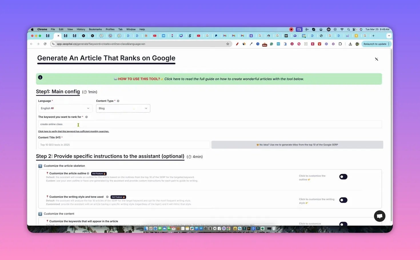SEOpital content creation UI showing Step 1 main config and Step 2 customization options