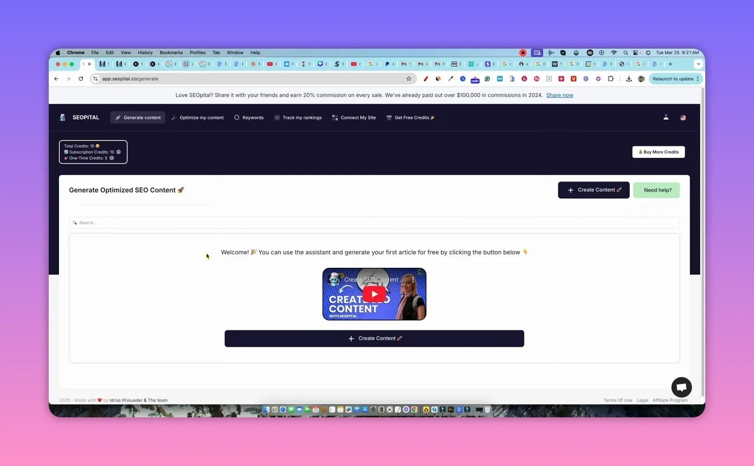 Full view of SEOpital generate content page with welcome video thumbnail and the 'Create Content' button visible in the center