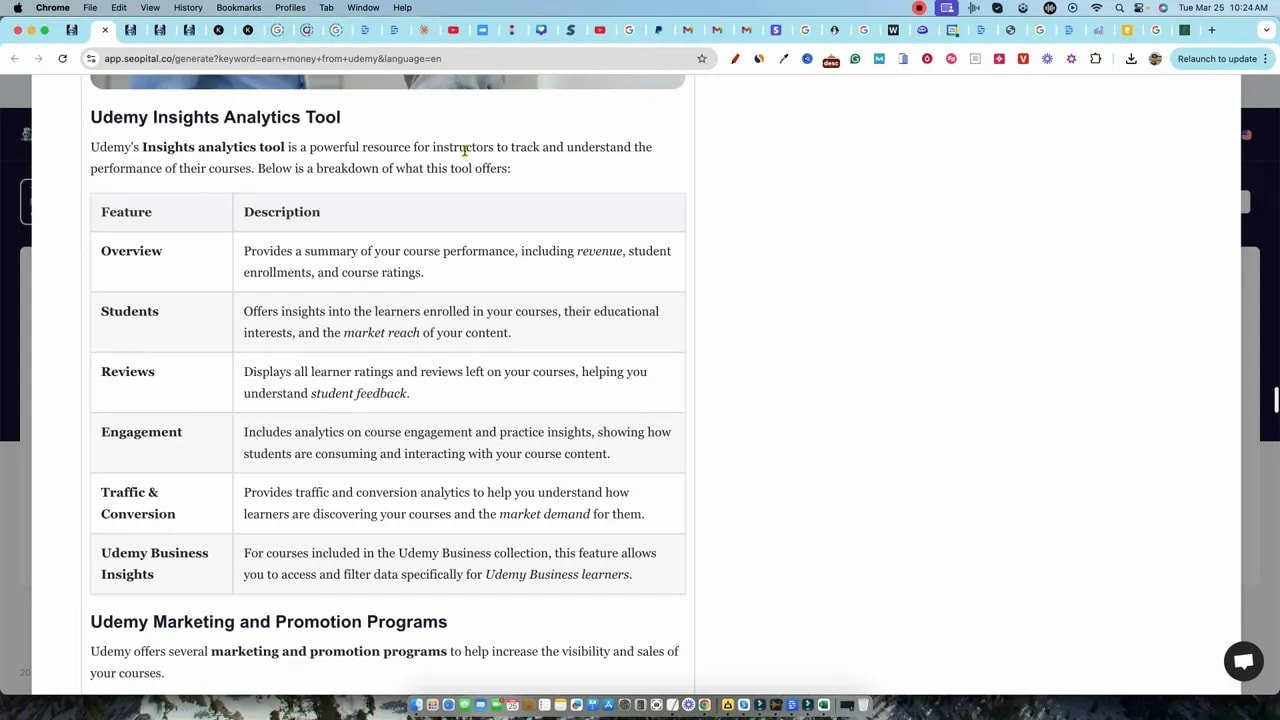 SEOpital-generated table showing Udemy Insights Analytics Tool features and descriptions