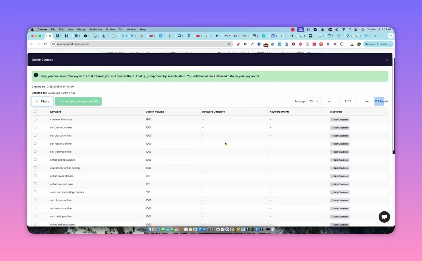 SEOpital keyword research and clustering screen showing 'Cluster selected keywords' button, keyword, search volume and clustered status columns