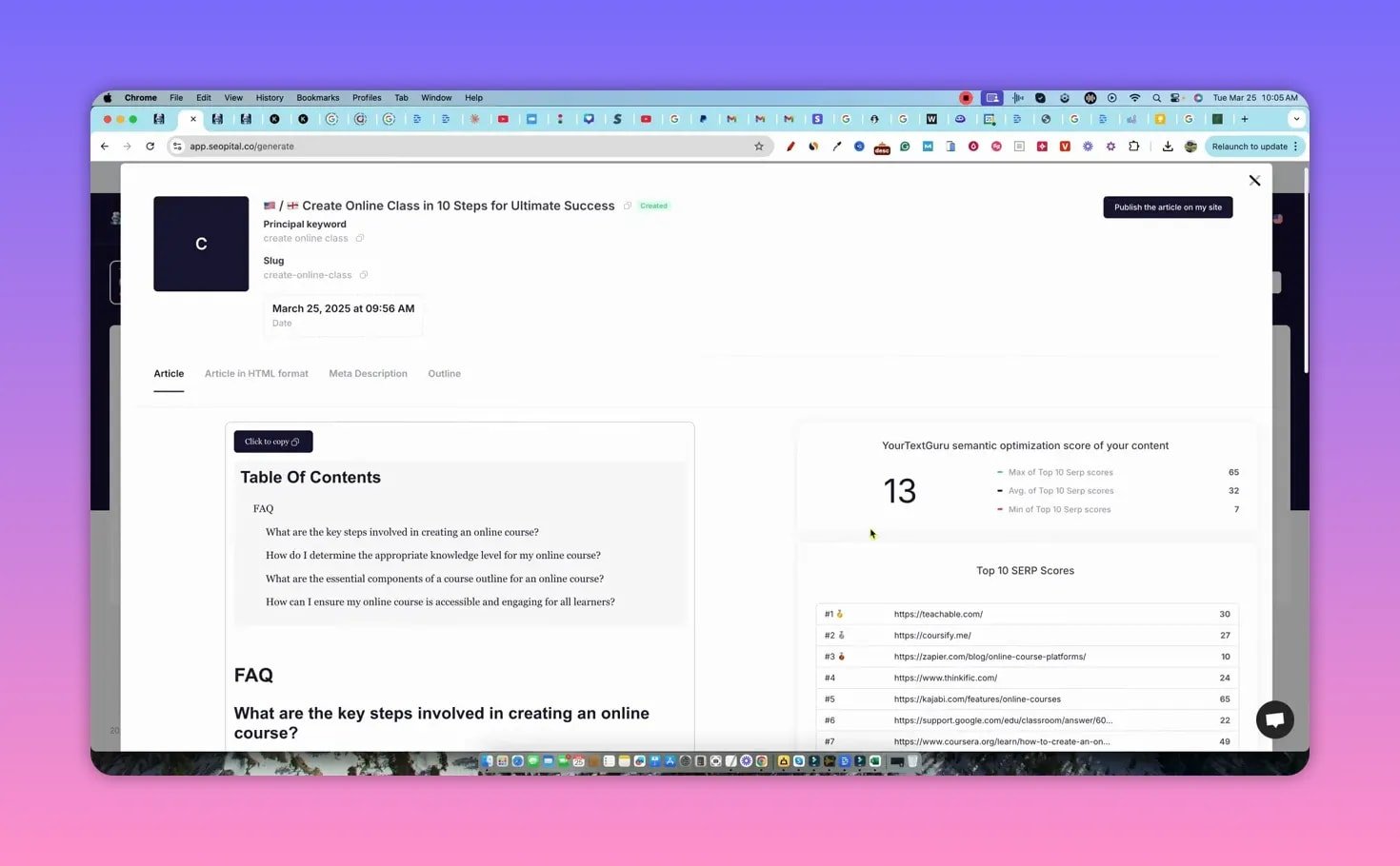 Clear SEOpital optimizer results showing a semantic SER score and top-10 SERP table next to article preview