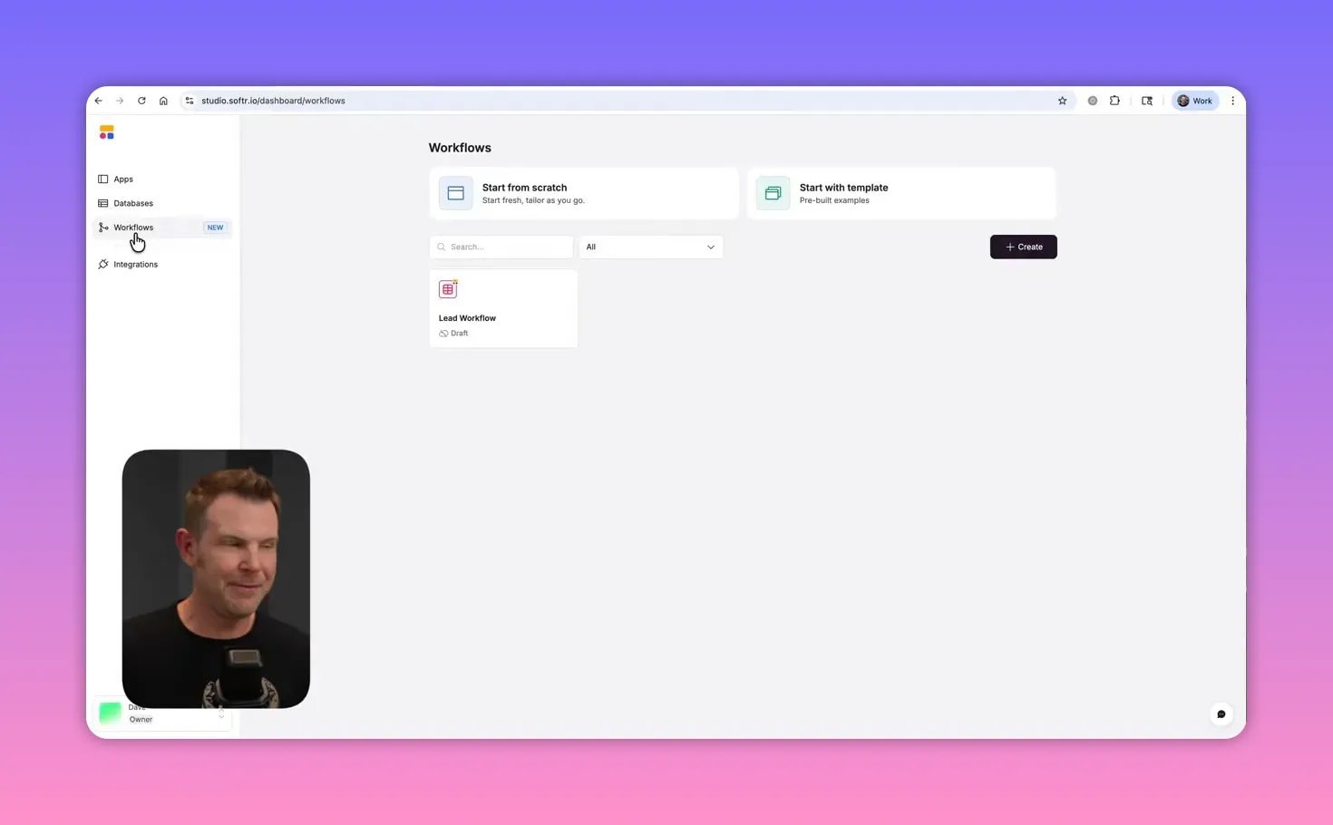 Softr studio showing the Workflows tab selected with 'Start from scratch' and 'Start with template' tiles